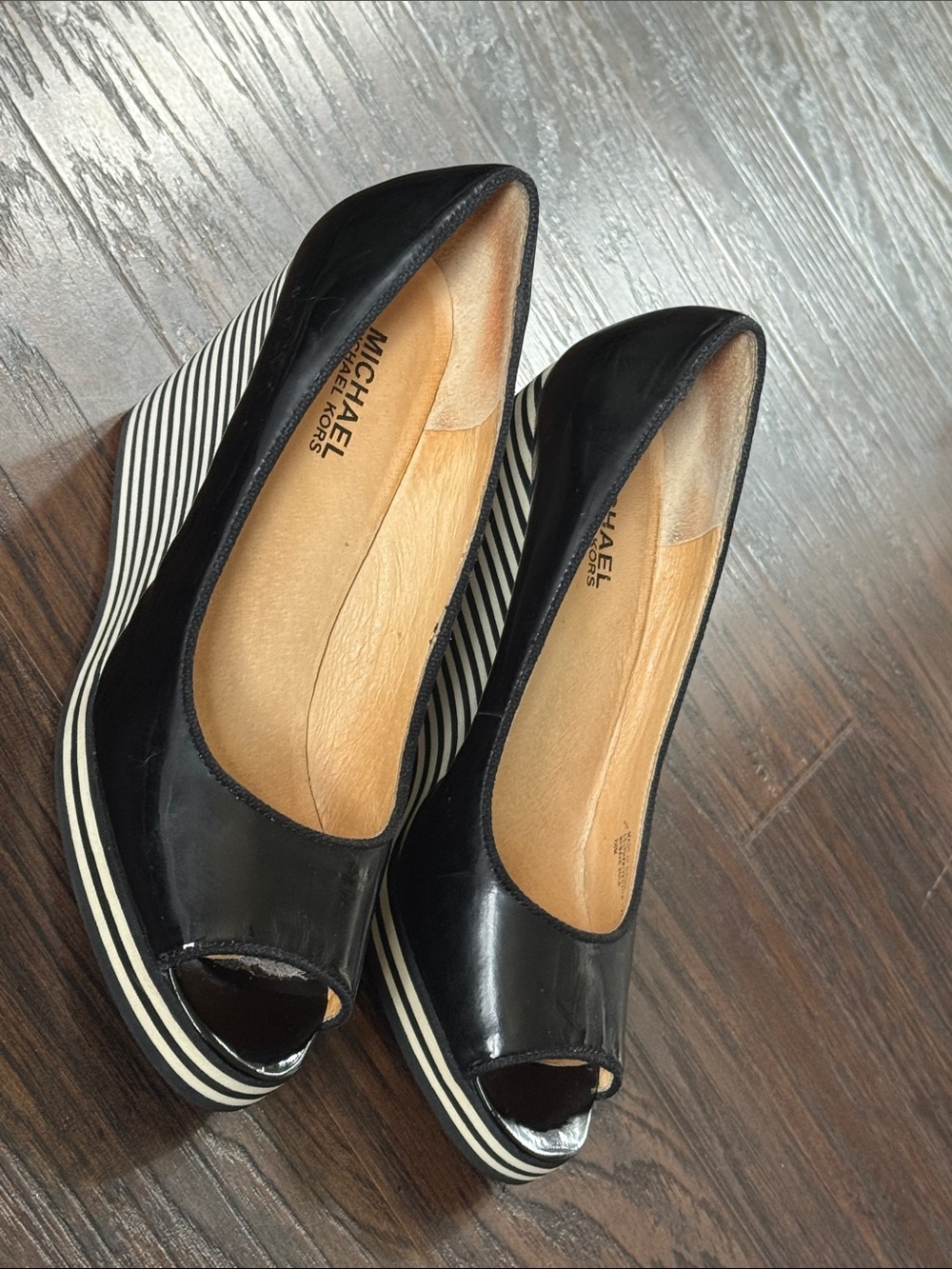 Michael Kors Black Patent Peep-Toe Wedge with Striped Heel